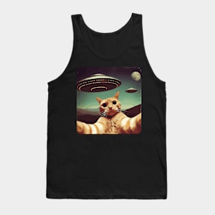 Funny Cat In Space Selfie With UFOs Behind Tank Top